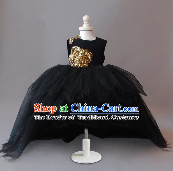 Top Grade Compere Professional Performance Catwalks Costume, Children Chorus Black Bubble Formal Dress Modern Dance Baby Princess Ball Gown Long Trailing Dress for Girls Kids