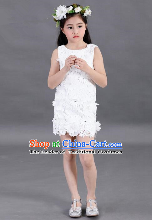 Top Grade Compere Professional Performance Catwalks Costume, Children Chorus White Lace Formal Dress Modern Dance Baby Princess Short Dress for Girls Kids