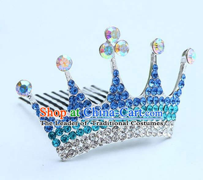 Top Grade Handmade Classical Hair Accessories, Children Baroque Style Blue Crystal Baby Princess Little Royal Crown Twist Inserted Comb Hair Comb Jewellery for Kids Girls
