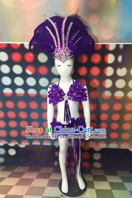 Top Grade Compere Professional Performance Catwalks Swimsuit Costume, Children Chorus Customize Purple Feather Full Dress with Wings Modern Dance Baby Princess Modern Fancywork Long Trailing Clothing for Girls Kids