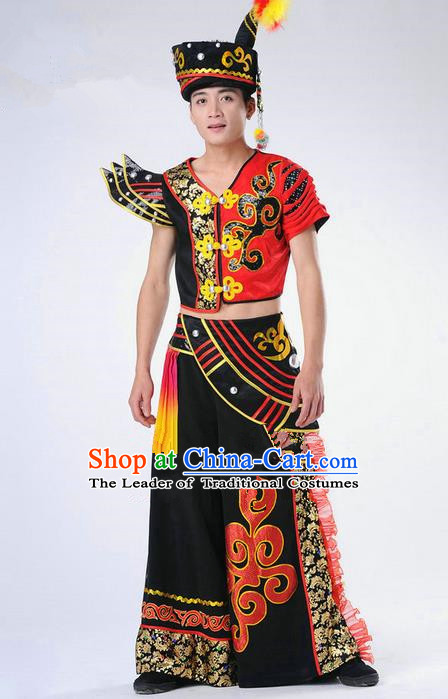 Traditional Chinese Yi Nationality Dancing Costume, Yi Nationality Male Folk Dance Clothing Complete Set, Chinese Yi Minority Nationality Embroidery Costume for Men