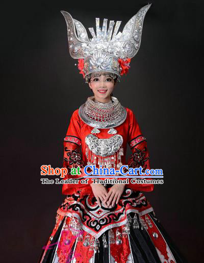 Traditional Chinese Miao Nationality Dancing Costume, Hmong Folk Dance Ethnic Costume, Chinese Miao Minority Nationality Dance Costume for Women