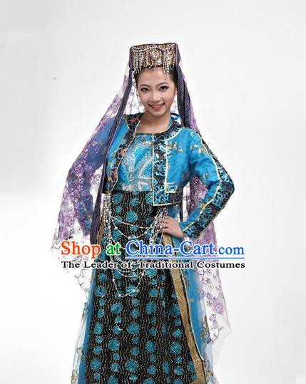 Traditional Chinese Hui Nationality Dancing Costume, Folk Dance Hui Ethnic Blue Costume, Chinese Hui Minority Nationality Uigurian Dance Costume for Women