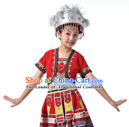 Traditional Chinese Miao Nationality Dancing Costume, Children Hmong Folk Dance Ethnic Costume, Chinese Miao Minority Nationality Dance Costume for Kids