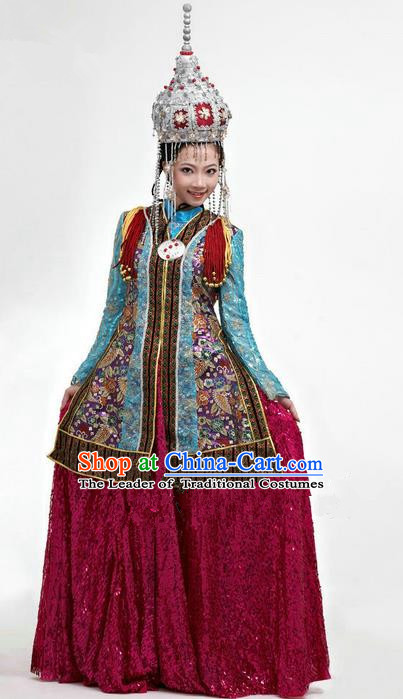 Traditional Chinese Mongol Nationality Dancing Costume, Mongols Female Folk Dance Ethnic Pleated Skirt, Chinese Mongolian Minority Nationality Embroidery Clothing Complete Set for Women