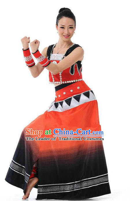 Traditional Chinese Wa Nationality Dancing Costume, Wa Zu Female Folk Dance Ethnic Skirt, Chinese Wa Minority Nationality Embroidery Costume for Women