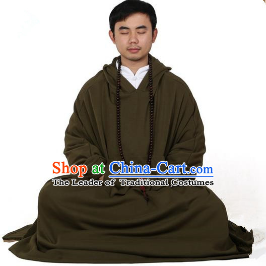 Top Kung Fu Costume Martial Arts Army Green Cloak Pulian Zen Clothing, Tai Ji Mantle Gongfu Shaolin Wushu Tai Chi Meditation Hooded Cape for Men