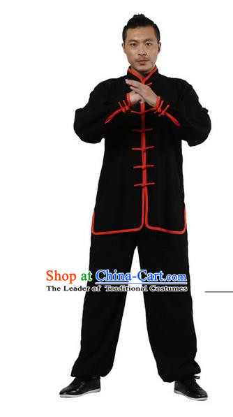 Top Grade Kung Fu Costume Martial Arts Black Red Edge Suits Pulian Zen Clothing, Training Costume Tai Ji Uniforms Gongfu Shaolin Wushu Tai Chi Plated Buttons Clothing for Men