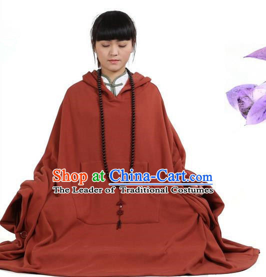 Top Kung Fu Costume Martial Arts Orange Hooded Cloak Pulian Clothing, Tai Ji Mantle Gongfu Shaolin Wushu Tai Chi Meditation Cape for Women
