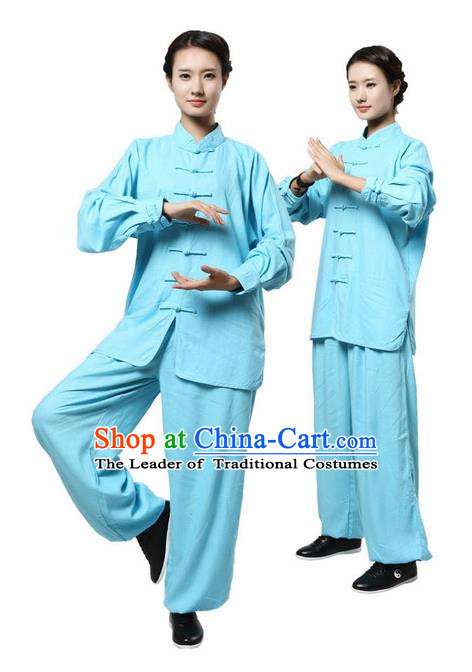Top Grade Kung Fu Costume Martial Arts Blue Linen Suits Pulian Zen Clothing, Training Costume Tai Ji Uniforms Gongfu Shaolin Wushu Tai Chi Plated Buttons Clothing for Women