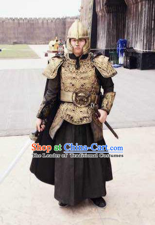 Traditional Chinese Ancient Imperial Bodyguard Armour Costume, Tokgo World China Northern and Southern Dynasties Soldier General Helmet and Armour Complete Set for Men