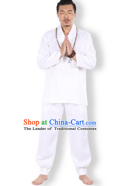 Top Grade Kung Fu Costume Martial Arts Linen Meditation Suits Pulian Zen Clothing, Training Costume Tai Ji White Uniforms Gongfu Shaolin Wushu Tai Chi Clothing for Men