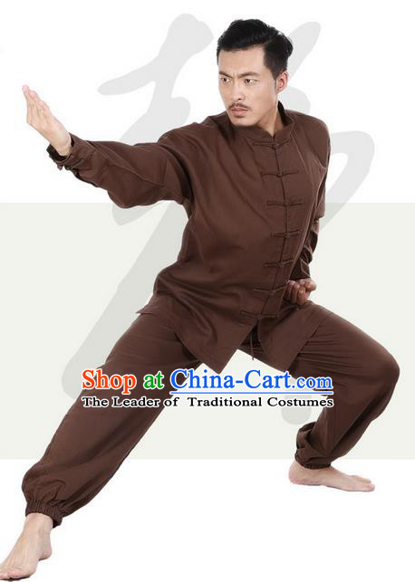 Top Grade Kung Fu Costume Martial Arts Coffee Linen Suits Pulian Zen Clothing, Training Costume Tai Ji Meditation Uniforms Gongfu Wushu Tai Chi Plated Buttons Clothing for Men