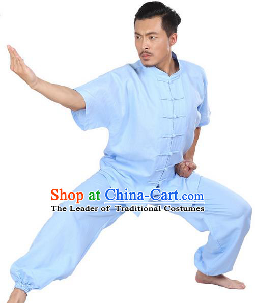 Top Grade Kung Fu Costume Martial Arts Light Blue Linen Suits Pulian Zen Clothing, Training Costume Tai Ji Meditation Uniforms Gongfu Wushu Tai Chi Short Sleeve Clothing for Men