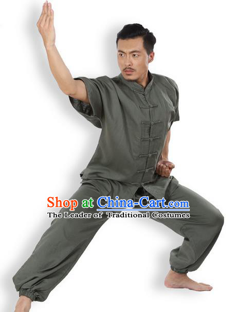 Top Grade Kung Fu Costume Martial Arts Army Green Linen Suits Pulian Zen Clothing, Training Costume Tai Ji Meditation Uniforms Gongfu Wushu Tai Chi Short Sleeve Clothing for Men