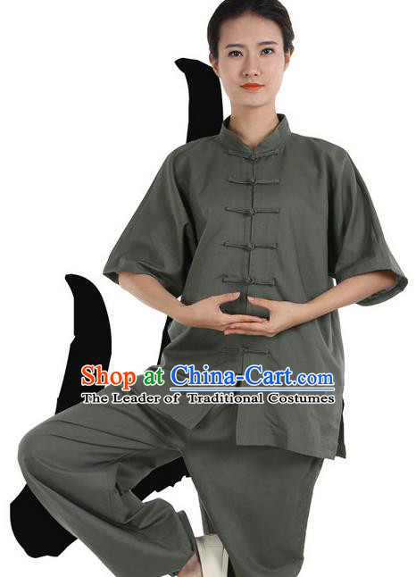 Top Grade Kung Fu Costume Martial Arts Army Green Linen Suits Pulian Zen Clothing, Training Costume Tai Ji Meditation Uniforms Gongfu Wushu Tai Chi Short Sleeve Clothing for Women