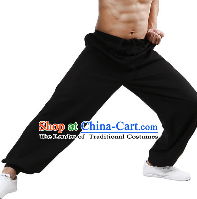 Top Grade Kung Fu Costume Martial Arts Black Linen Pants Pulian Training Bloomers, Gongfu Trousers Shaolin Wushu Tai Chi Plus Fours for Men