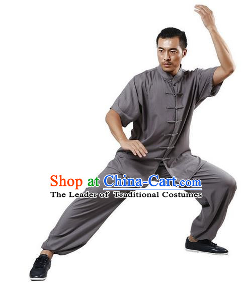 Traditional Chinese Kung Fu Costume Martial Arts Linen Grey Suits Pulian Meditation Clothing, Tang Suit Plated Buttons Uniforms Tai Chi Clothing for Men