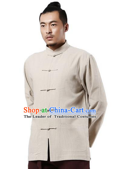 Traditional Chinese Kung Fu Costume Martial Arts Linen Plated Buttons Beige Overshirt Pulian Clothing, China Tang Suit Shirt Tai Chi Clothing for Men