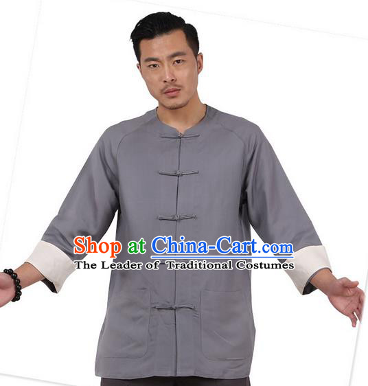 Traditional Chinese Kung Fu Costume Martial Arts Linen Plated Buttons Grey Shirts Pulian Clothing, China Tang Suit Jacket Tai Chi Meditation Upper Outer Garment for Men