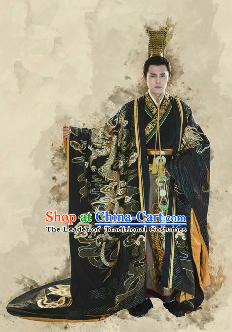 Traditional Chinese Ancient Imperial Emperor Costume and Handmade Headpiece Complete Set, China Qin Dynasty Majesty King Qin Shihuang Clothing for Men