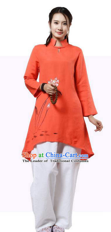 Top Chinese Traditional Costume Tang Suit Linen Painting Lotus Qipao Dress, Pulian Clothing China Republic of China Cheongsam Upper Outer Garment Orange Dress for Women