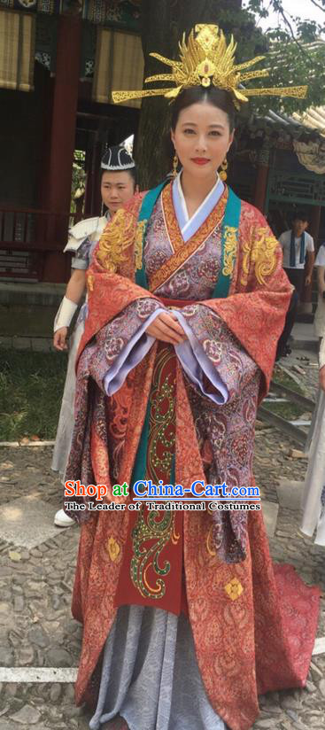 Traditional Chinese Ancient Imperial Consort Costume and Headpiece Complete Set, Xuan-Yuan Sword Legend  The Clouds of Han the Three Kingdoms Imperial Empress Hanfu Clothing for Women