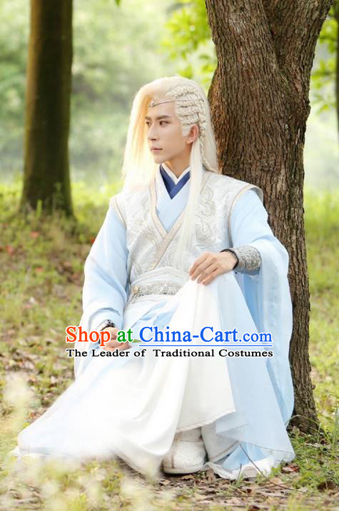 Traditional Chinese Ancient Swordsman Costume, Xuan-Yuan Sword Legend  The Clouds of Han the Three Kingdoms Prince Hanfu Clothing and Headpiece Complete Set for Men