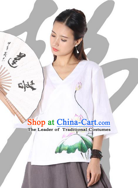 Top Chinese Traditional Costume Tang Suit White Painting Pink Lotus Blouse, Pulian Zen Clothing China Cheongsam Upper Outer Garment Slant Opening Shirts for Women