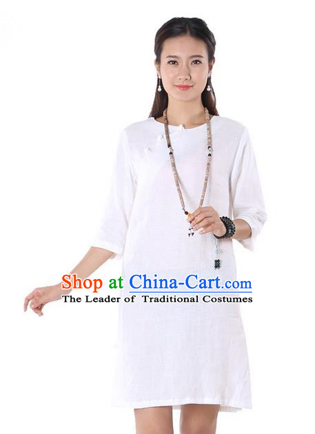 Top Chinese Traditional Costume Tang Suit White Linen Qipao Yoga Dress, Pulian Clothing Republic of China Cheongsam Upper Outer Garment Dress for Women