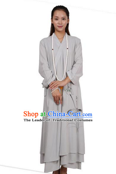 Top Chinese Traditional Costume Tang Suit Linen Upper Outer Garment Qipao Dress, Pulian Zen Clothing Republic of China Cheongsam Painting Lotus Grey Dress for Women