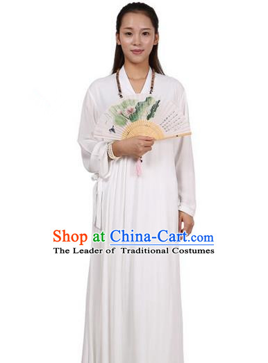 Top Chinese Traditional Costume Tang Suit Linen Upper Outer Garment Qipao Dress, Pulian Zen Clothing Republic of China Cheongsam White Dress for Women