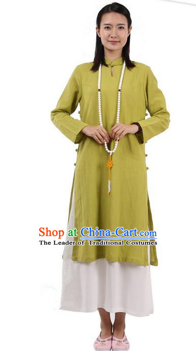 Top Chinese Traditional Costume Tang Suit Plated Buttons Ramie Outer Garment Dress, Pulian Zen Clothing Republic of China Cheongsam Green Dress for Women