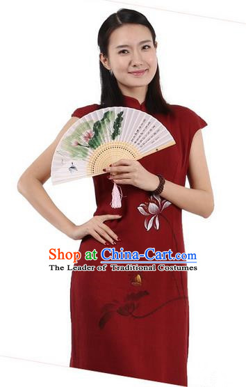 Top Chinese Traditional Costume Tang Suit Stand Collar Outer Garment Qipao Dress, Pulian Zen Clothing Republic of China Short Cheongsam Painting Lotus Red Dress for Women
