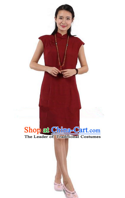 Top Chinese Traditional Costume Tang Suit Stand Collar Outer Garment Qipao Dress, Pulian Zen Clothing Republic of China Short Cheongsam Red Dress for Women
