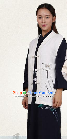 Top Chinese Traditional Costume Tang Suit Plated Buttons Upper Outer Garment Vest, Pulian Zen Clothing Republic of China Waistcoat Painting Lotus White Cappa for Women