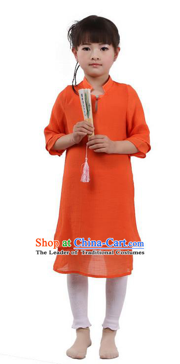 Top Chinese Traditional Costume Tang Suit Linen Qipao Children Dress, Pulian Zen Clothing Republic of China Cheongsam Orange Dress for Kids