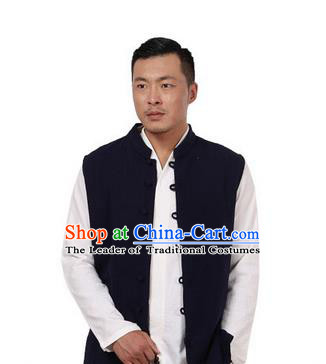 Traditional Chinese Kung Fu Costume Martial Arts Linen Plated Buttons Waistcoat Pulian Meditation Clothing, China Tang Suit Vest Tai Chi Navy Weskit for Men