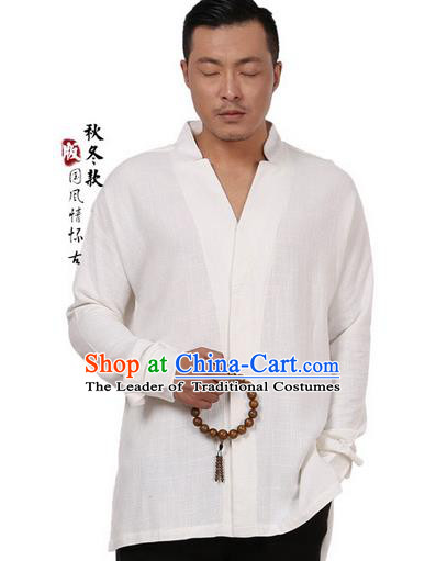 Traditional Chinese Kung Fu Costume Martial Arts Linen Beige Shirts Pulian Meditation Clothing, China Tang Suit Overshirts Tai Chi Clothing for Men