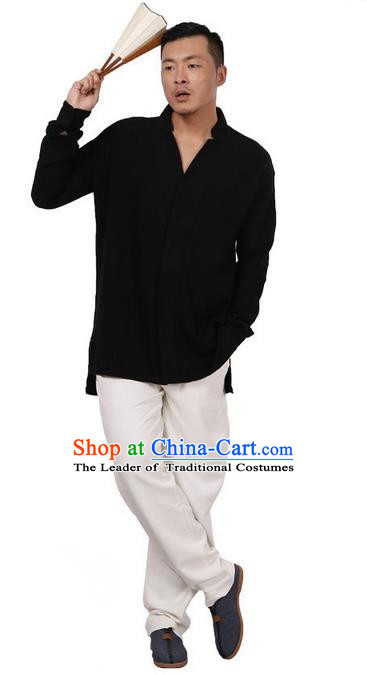 Traditional Chinese Kung Fu Costume Martial Arts Linen Black Shirts Pulian Meditation Clothing, China Tang Suit Overshirts Tai Chi Clothing for Men