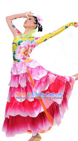Chinese Classic Stage Performance Chorus Singing Group Dance Costumes, Opening Dance Big Swing Peony Flowers Dress for Women