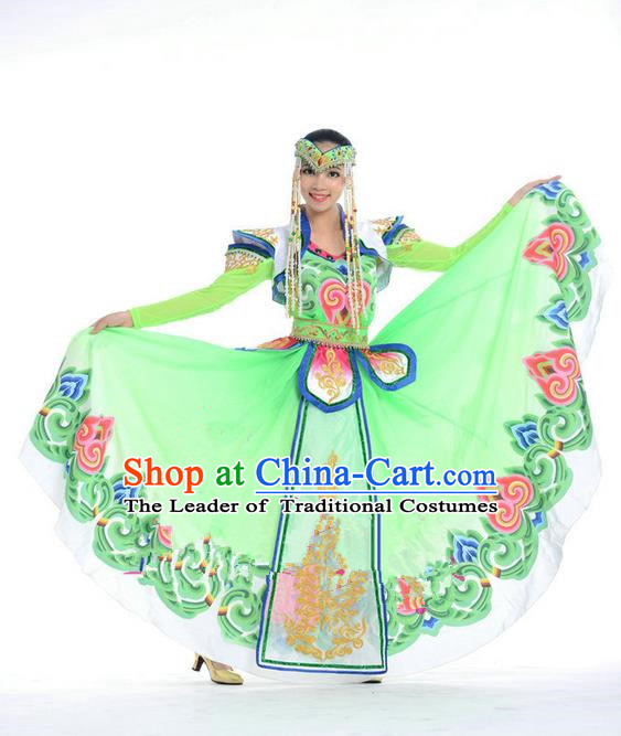 Traditional Chinese Mongol Nationality Dance Costume, Mongols Princess Folk Dance Ethnic Pleated Skirt, Chinese Mongolian Minority Nationality Green Dress Clothing for Women