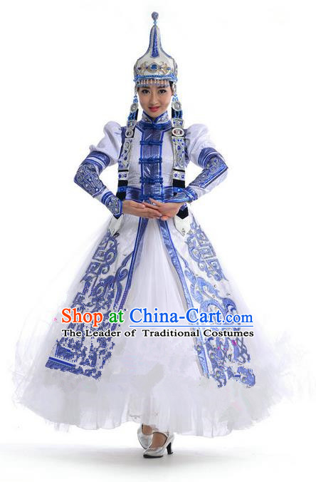 Traditional Chinese Mongol Nationality Dance Costume, Mongols Female Folk Dance Ethnic Pleated Skirt, Chinese Mongolian Minority Nationality Blue Dress Clothing for Women