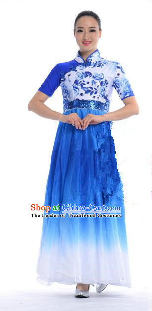 Chinese Classic Stage Performance Chorus Singing Group Costumes, Opening Dance Competition Blue Dress, Classic Dance Clothing for Women