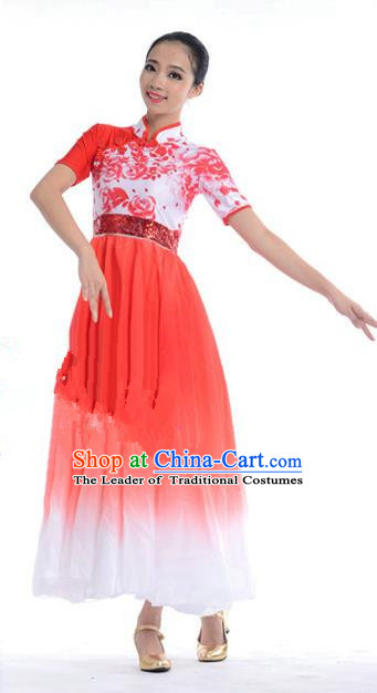 Chinese Classic Stage Performance Chorus Singing Group Costumes, Opening Dance Competition Red Dress, Classic Dance Clothing for Women