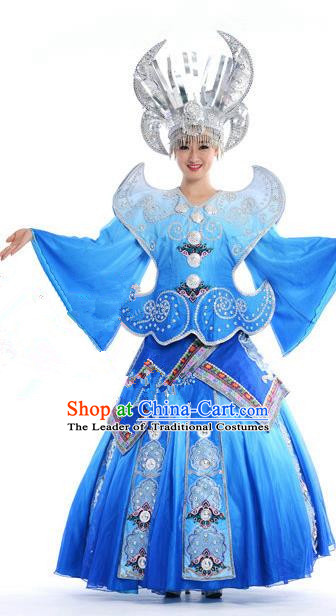 Traditional Chinese Miao Nationality Dancing Costume, Hmong Female Folk Dance Ethnic Pleated Skirt, Chinese Minority Nationality Embroidery Blue Dress for Women