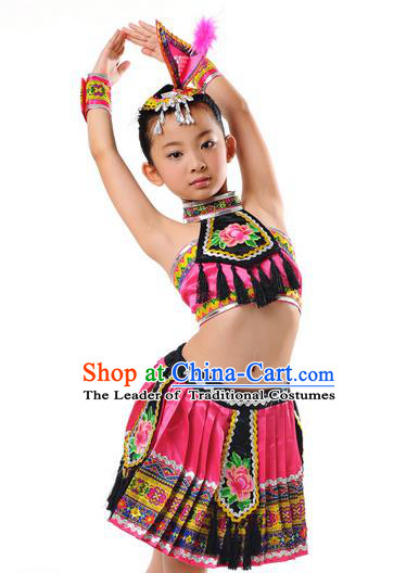 Traditional Chinese Zhuang Nationality Dancing Costume, Children Zhuang Zu Folk Dance Ethnic Pleated Skirt, Chinese Minority Nationality Embroidery Costume for Kids