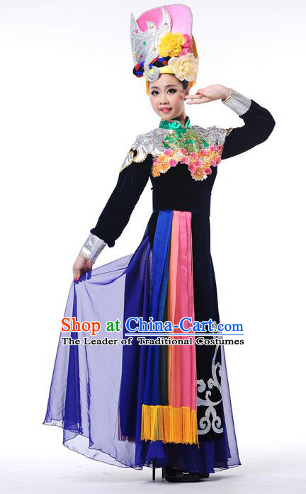 Traditional Chinese Qiang Nationality Dancing Costume, Qiang Zu Female Folk Dance Ethnic Pleated Dress, Chinese Minority Nationality Embroidery Costume for Women