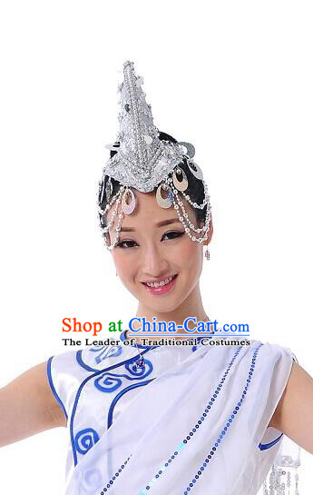 Traditional Chinese Dai Nationality Peacock Dancing Headwear, Chinese Minority Nationality Folk Dancing Headpiece Hat for Women