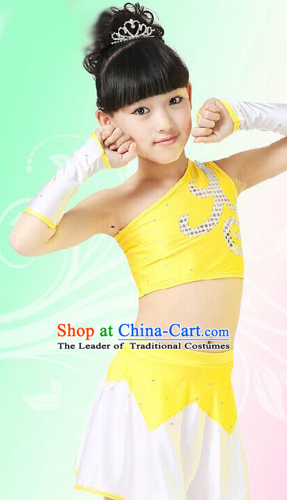 Chinese Modern Dance Costume, Children Opening Classic Chorus Singing Group Uniforms, Modern Dance Yellow Gym Suit for Girls Kids